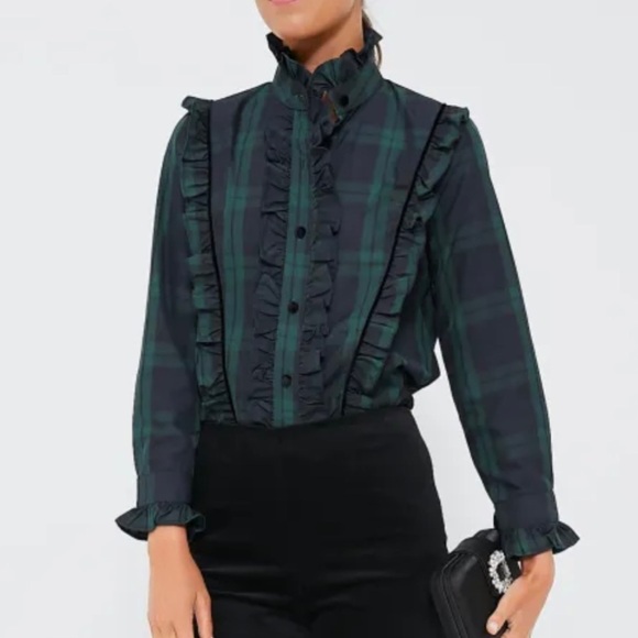 Tuckernuck Ruffle Reagan Button Down Shirt Blouse-Women’s M & L-Green/Black-NEW - Picture 1 of 15